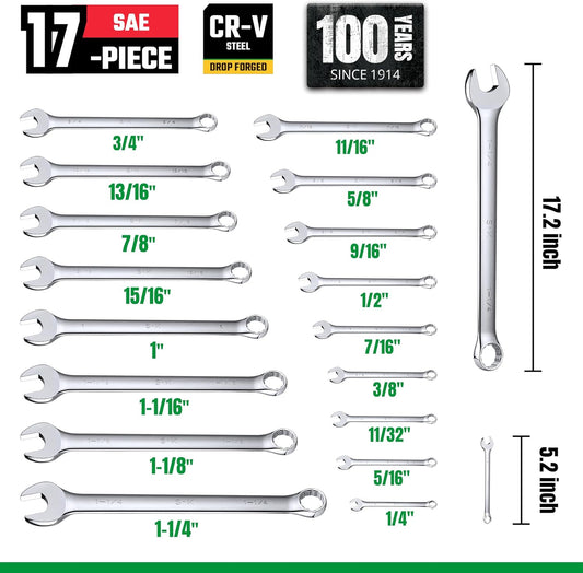 Combination Wrench Set, SAE 1/4" to 1-1/4", Metric 6 to 32mm, 42-Piece