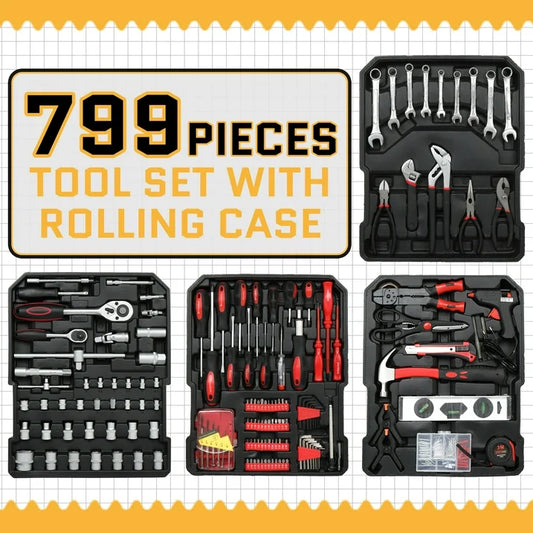 799 Pcs Tool Set, Household Repair Hand Tool Kit, Mechanics Tool Kit, with Trolley Case, Silver
